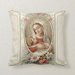 Coussin Vierge Madonna Mary avec des roses de Jésus