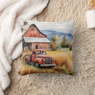 Coussin Vieux camionnette et grange rouge en automne