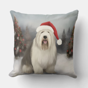Coussin Vieux chien de berger anglais dans Noël enneigé