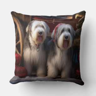 Coussin Vieux chien de berger anglais enneigé Noël décorat