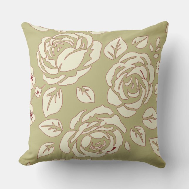 Coussin Vieux floral rétro pâle vert-rouge (Recto)