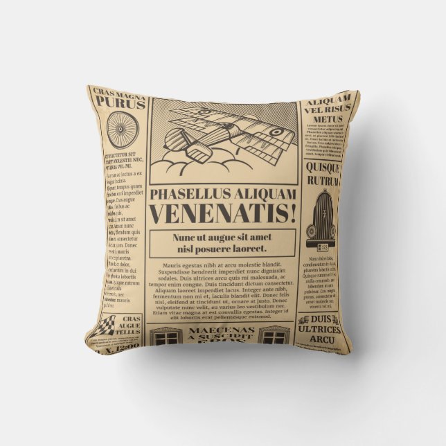 Coussin Vieux journal vintage. Retro newsprint avec texte  (Recto)