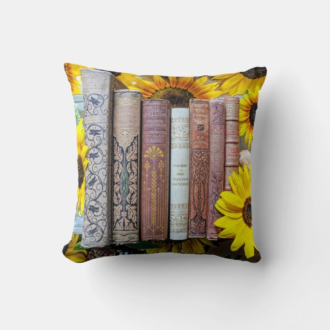 Coussin Vieux livres et tournesols (Recto)