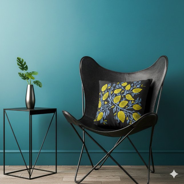 Coussin Vignes de citron bleu et jaune, jolies et délicate (Black, yellow and blue lemon vines pillow.)