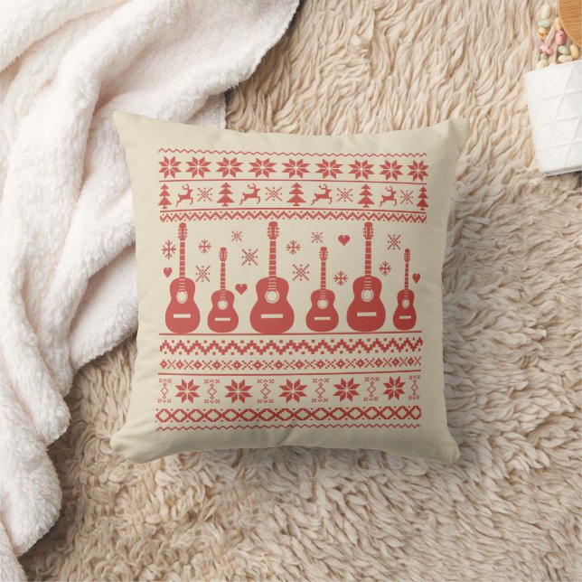 Coussin Vilain joyeux pull de Noël guitare acoustique (Couverture)