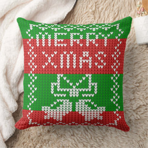 Coussin Vilain pull motif sonnettes Joyeux fils Xmas