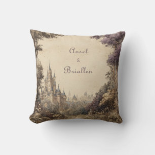 Coussin Village de Château Illustré Vintage Arbre Violet