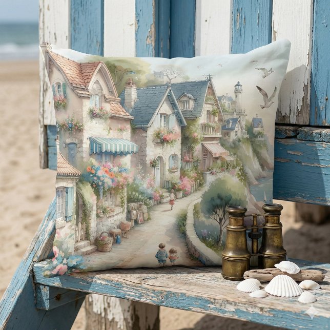 Coussin Village de cottage côtier pastel, un Évasion (Pastel Coastal Cottage Village Escape Throw Pillow Mockup A)