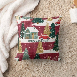 Coussin Village de Noël de la forêt rouge et verte