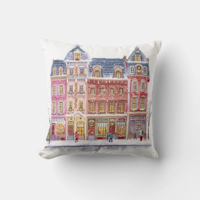 Coussin Village de Noël hivernal à l'aquarelle (Recto)
