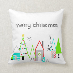 Coussin village de Noël moderne du milieu du siècle