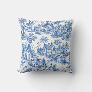 Coussin Village d'Halloween Toile Bleu Motif Fantômes Chat