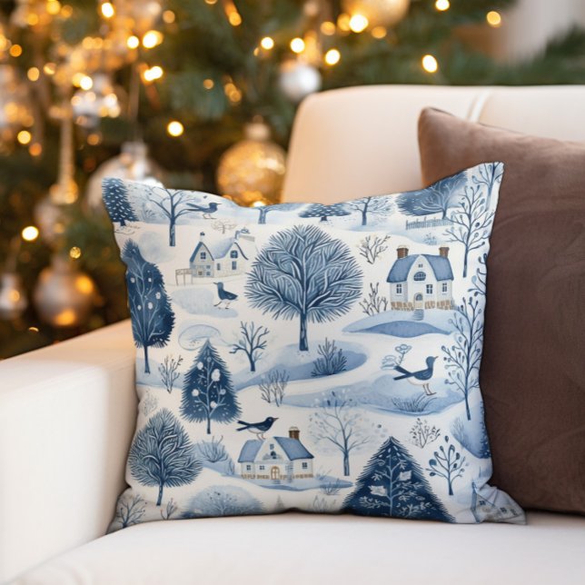 Coussin Village d'hiver bleu blanc vintage  (Decorator pillow with an old vintage winter village covered in snow)