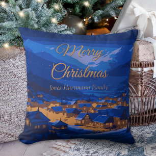 Coussin Village d'hiver Bleu Or Noël en famille