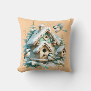 Coussin Village d'oiseaux de Chickadee d'hiver