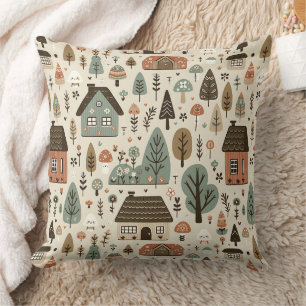 Coussin Village fantaisiste avec cottages et arbres