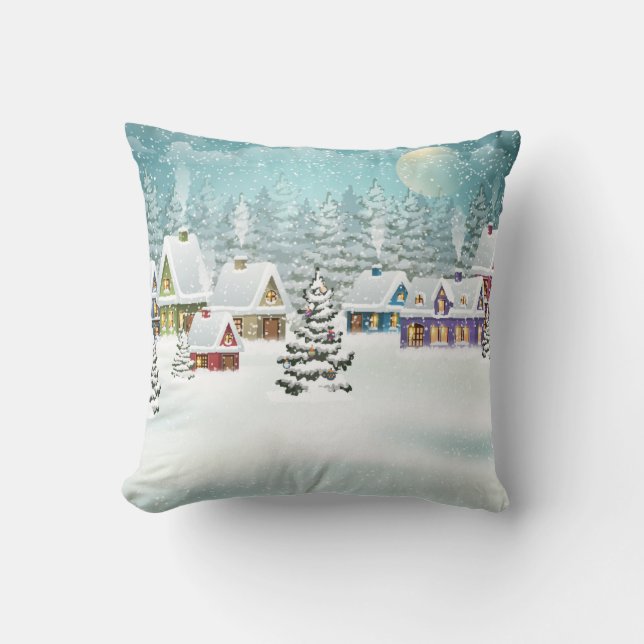 Coussin Village paysage d'hiver avec maisons couvertes de  (Recto)