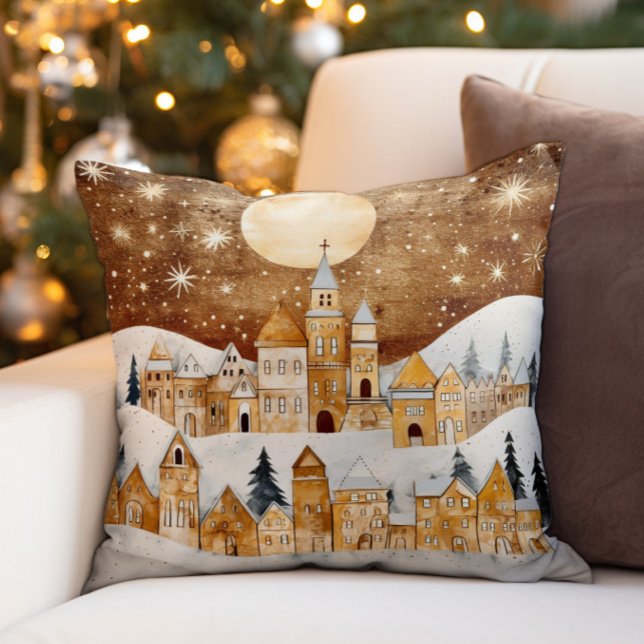 Coussin Village vintage enneigé doré (Elegant gold and white snow-covered village Christmas pillow)