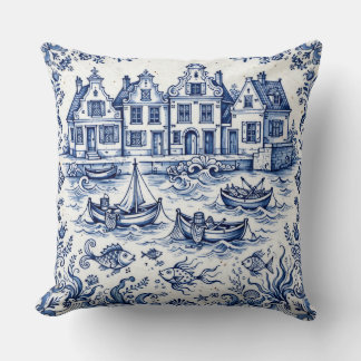 Coussin Ville de Delft & Port de Pêche Bleu Cobalt Blanc