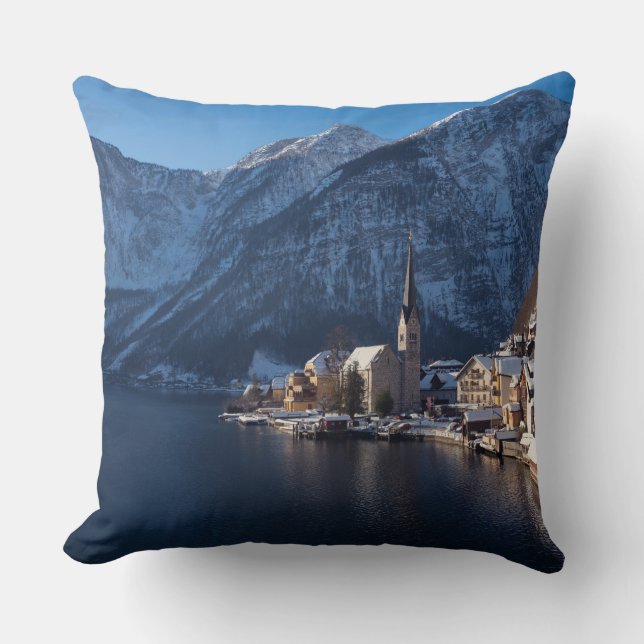 Coussin Ville de Hallstatt dans la neige en hiver (Recto)