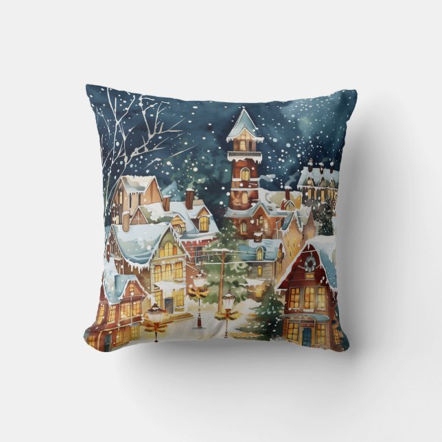 Coussin Ville de Noël illustrative dans la neige (Recto)