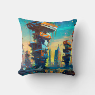Coussin Ville dystopique futuriste, peinture générée par l
