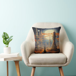 Coussin Ville Futuriste Sci-Fi Vintage