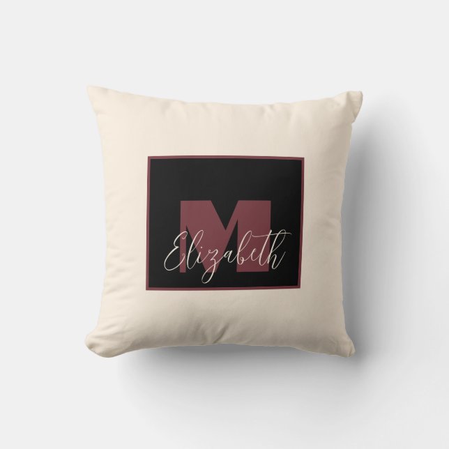 Coussin Vin à la crème plate Monogramme rose Nom personnal (Recto)