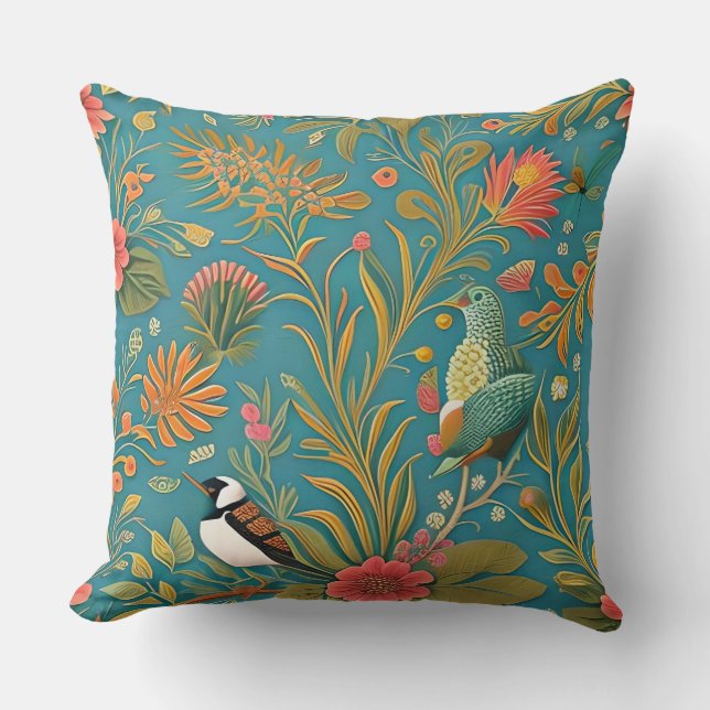 Coussin Vintage Abstrait botanique et Motif d'oiseaux (Recto)