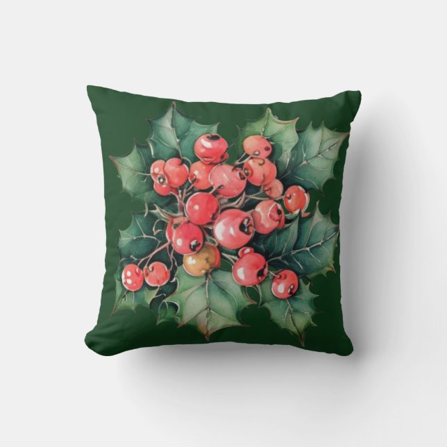 Coussin Vintage aquarelle rouge houx baies (Recto)