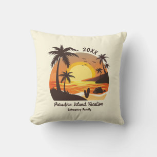 Coussin Vintage Beach Sunset Vacation surf orange brown