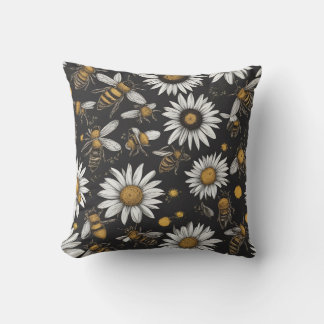 Coussin Vintage Bees and Daisies Floral Pattern Throw Pill