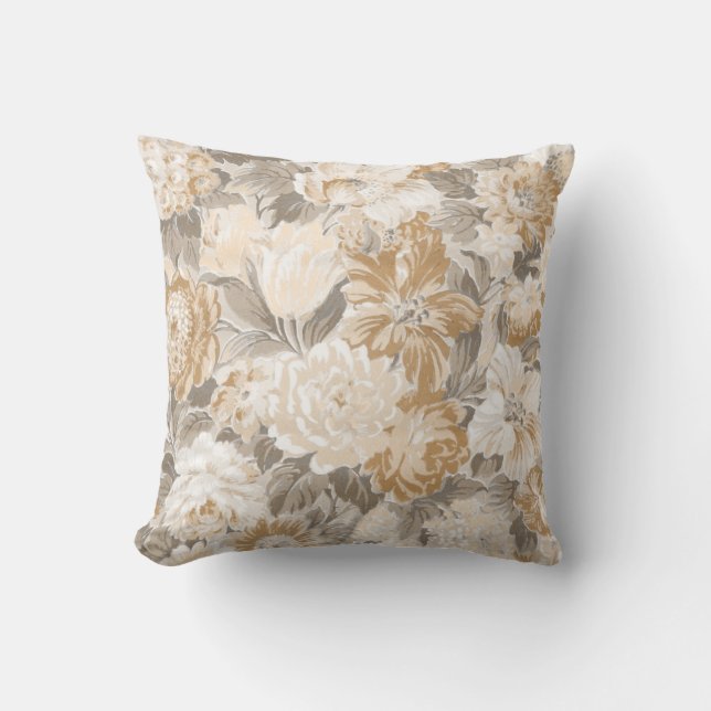 Coussin Vintage Beige Gold Grey Élégant Floral (Recto)
