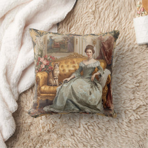 Coussin Vintage, Belle Femme Noble et Chat, Classique