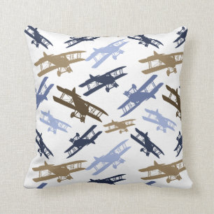 Coussin Vintage Biplane Motif d'avion bleu Brown