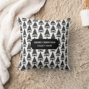 Coussin Vintage Black White Christmas Tree Nom personnalis