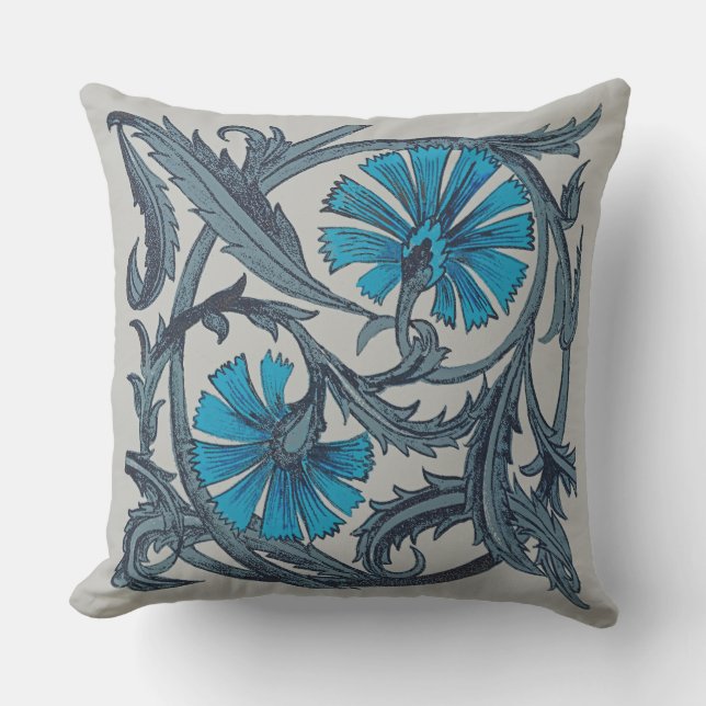 Coussin vintage bleu antique fleurs artisanat rustique (Recto)