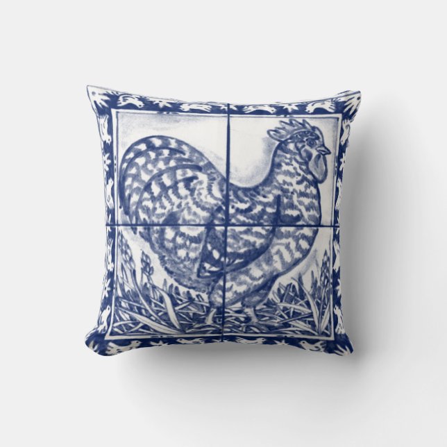 Coussin Vintage Bleu Blanc Hen Rooster Poulet Delft  (Recto)