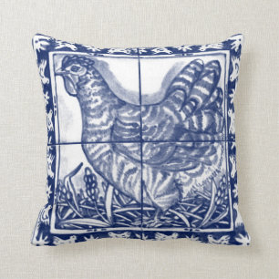 Coussin Vintage Bleu Blanc Hen Rooster Poulet Delft