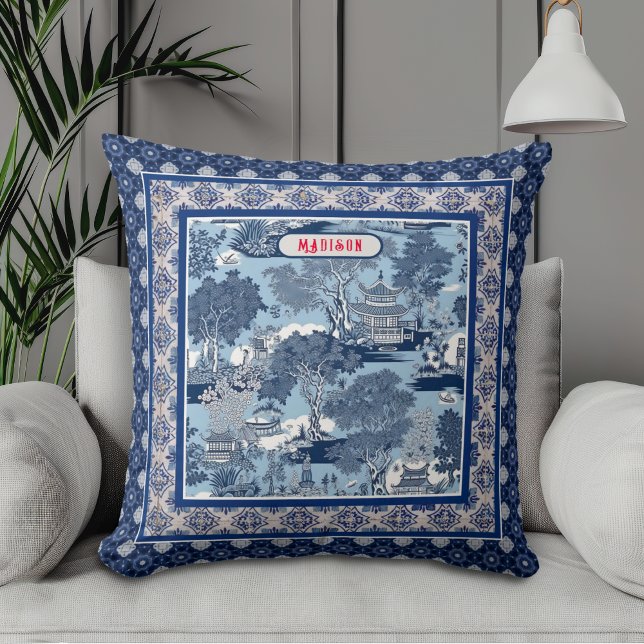 Coussin Vintage bleu blanc Toile Chinoiserie Monogramme (Créateur téléchargé)