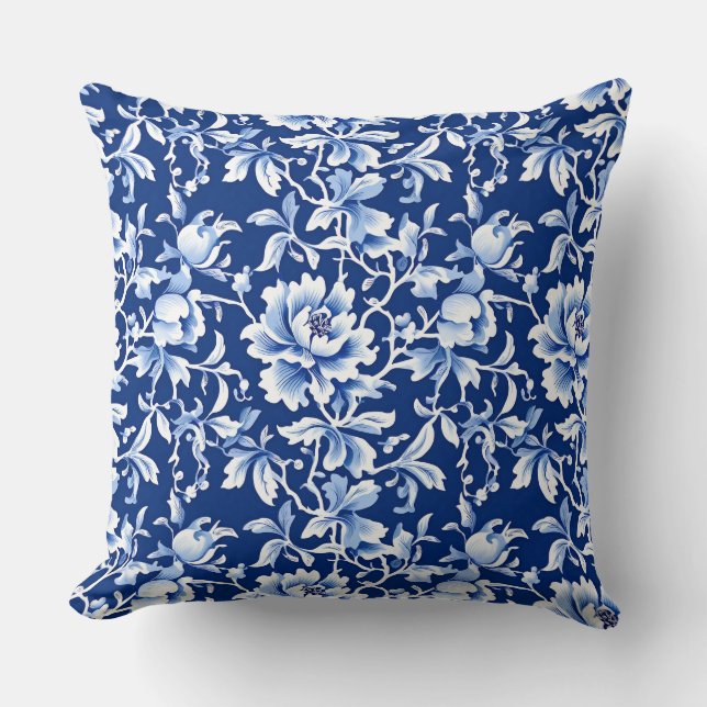Coussin Vintage bleu et blanc Chinoiserie Floral (Recto)
