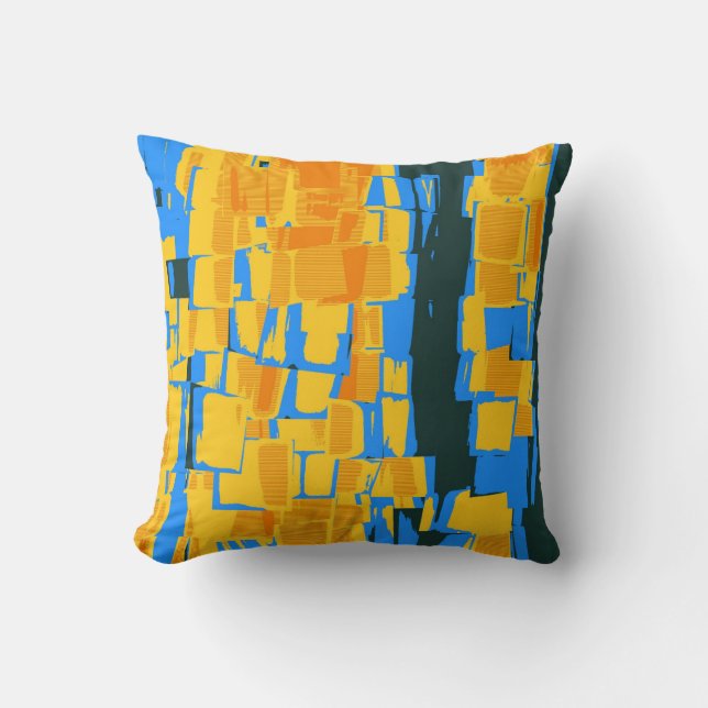 Coussin Vintage Bleu Jaune Noir Art Déco Abstrait (Recto)