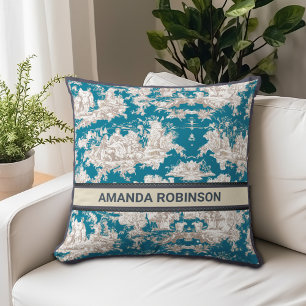 Coussin Vintage bleu turquoise toile de jouy monogramme