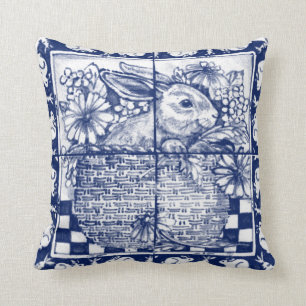 Coussin Vintage Blue Rabbit Floral Dedham Delft Cottage