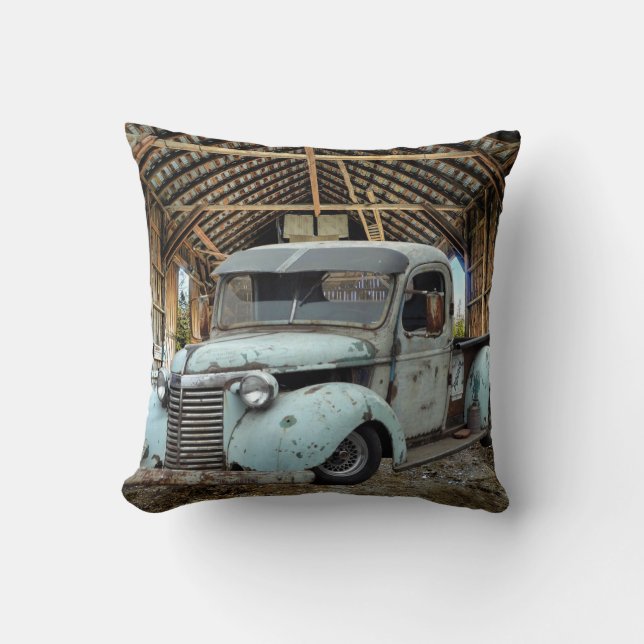 Coussin Vintage Blue Truck Rustic Grange (Recto)