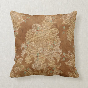 Coussin Vintage Brown Damask Floral Turquoise Dragonflies