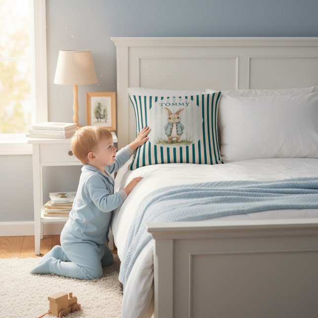 Coussin Vintage Bunny Blue Jacket Children's Name Pillow (Créateur téléchargé)