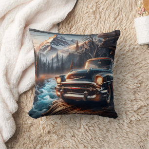 Coussin Vintage Car By Mountain Stream at Sunset