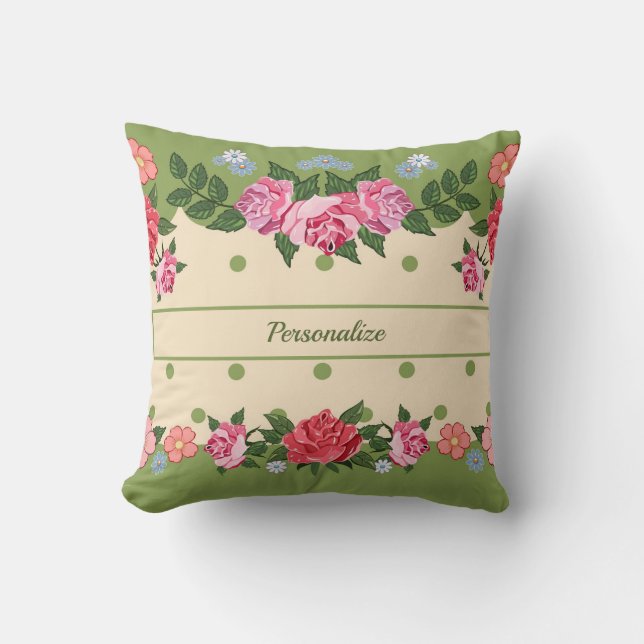 Coussin Vintage Chic Fleur Rose Jardin Vert Foliing (Recto)