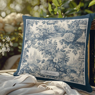 Coussin Vintage chic floral Bleu toile de jouy monogramme